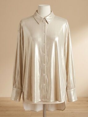 NWT ByAnthropologie Gold Metallic Party Ware Shimmer Button Down Blouse - Size S